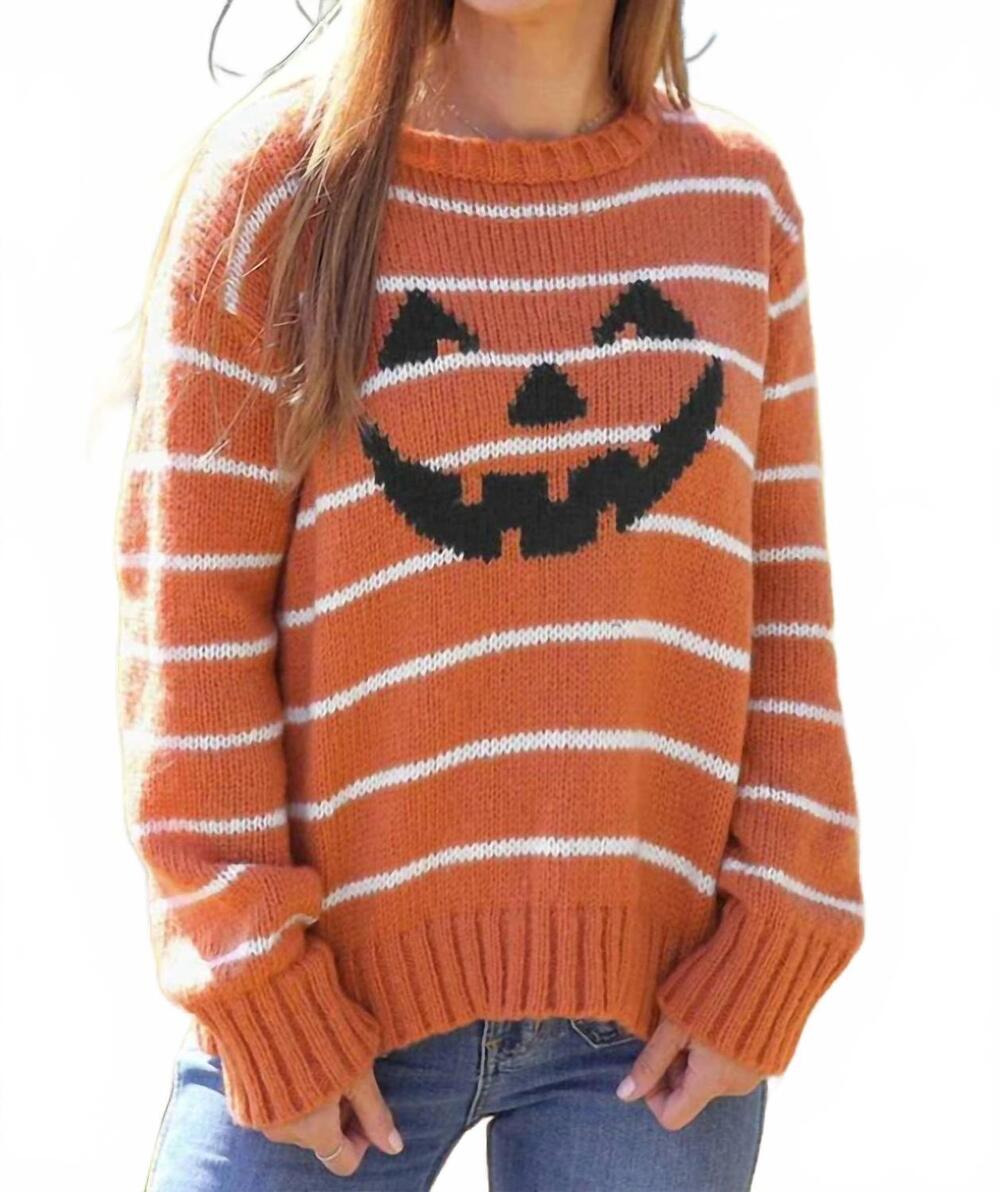 NEW WOODEN SHIPS jack-o-lantern striped crew sweater in orange trail/pure snow